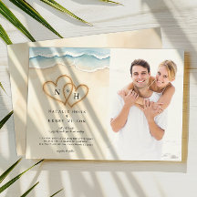 Sand Hearts Beach Wedding Foto Einladung Beige