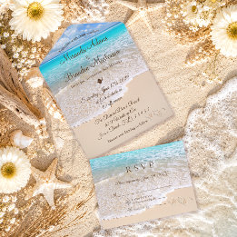 Sand Hearts Tropical Ocean Beach Hochzeit All In One Einladung
