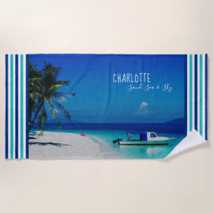 Sand Sea Sky Palm Tree Tropical Beach Personalisie Strandtuch