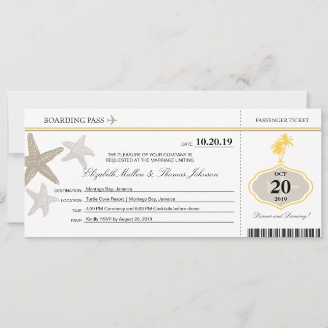 Sand Starfish Buttercreme Palm Tree Boarding Pass Einladung (Vorderseite)