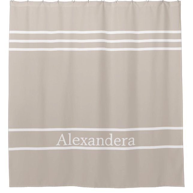 Sand Tan Taupe White Striped Nautical Coastal Duschvorhang (Vorderseite)