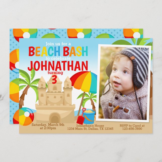 Sandcastle Beach Geburtstagsparty Einladung (Vorne/Hinten)