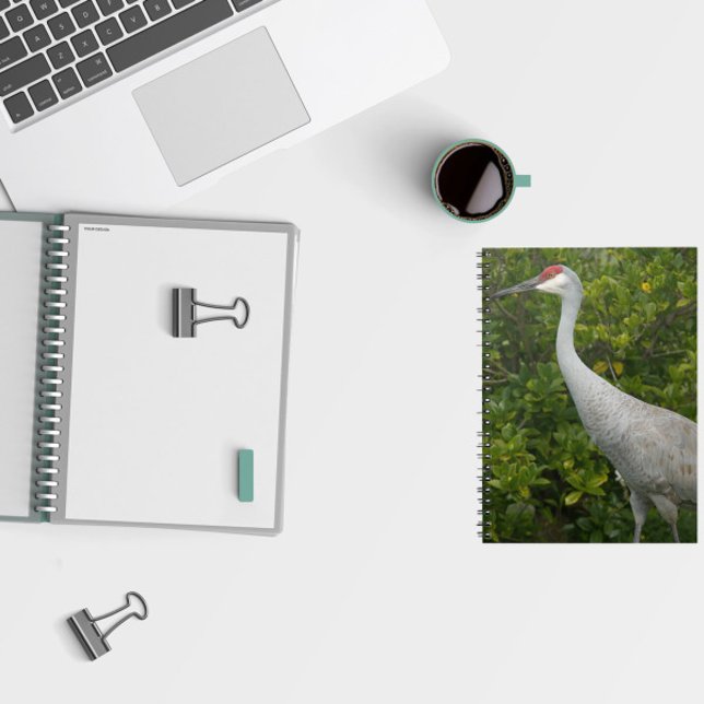 Sandhill Crane Bird Green Blätter Foto Notizblock (A notebook featuring a photo of a sandhill crane in front of green leaves.)