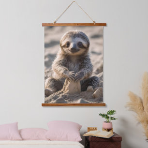 Sandküsten : Baby Sloth Gebäude Sand Castles, Wandteppich Mit Holzrahmen