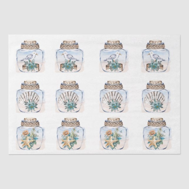 Sandpipers Flowers Shells Jar Decoupage Paper Seidenpapier (Vorderseite)