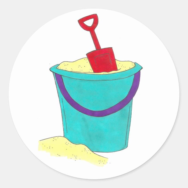 Sandspielzeug Aquamarin Beach Pail Bucket Red Shov Runder Aufkleber (Vorderseite)