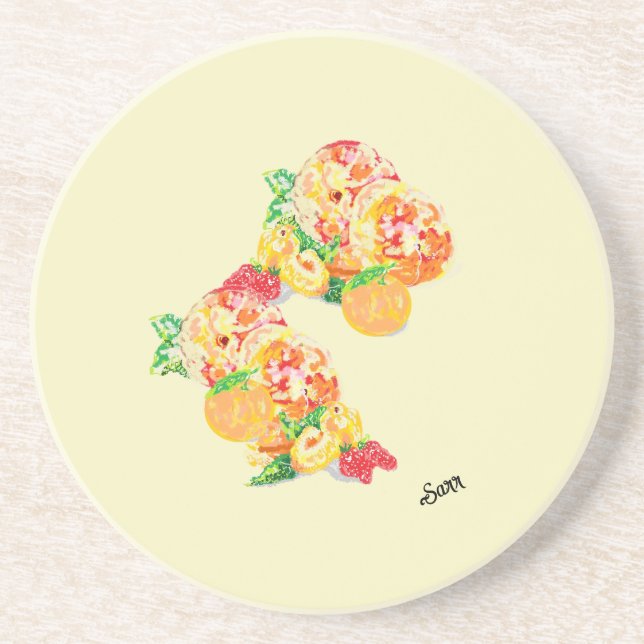 Sandstein-Untersetzer: Farbige Früchte Getränkeuntersetzer (Vorne)