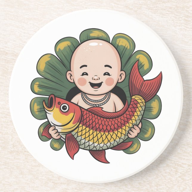 Sandstein Untersetzer | Niedlicher Junge mit Lucky (Vorne)