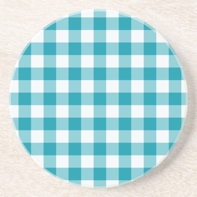 Sandstone Coaster, Teal Check Gingham Pattern Sandstein Untersetzer (Vorne)