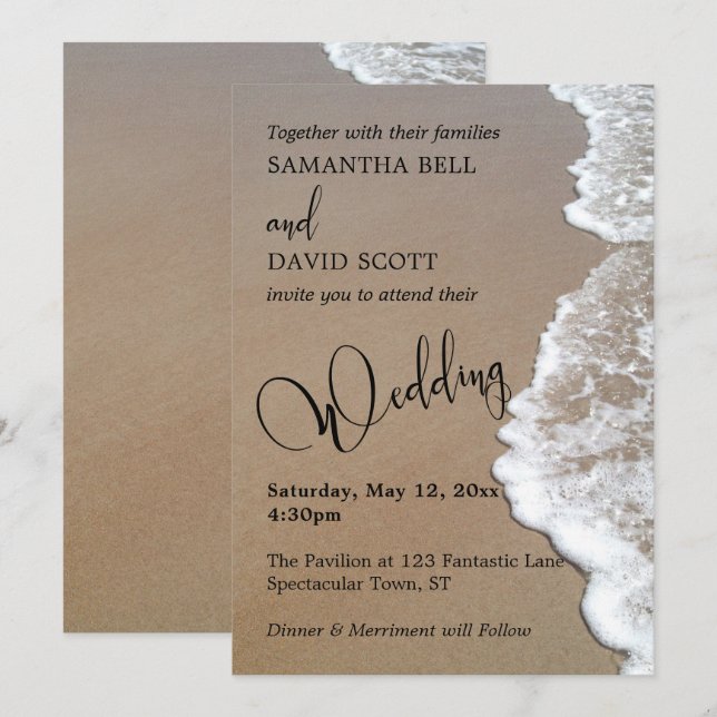 Sandstrand-Foto, Typografie Wedding 1b Einladung (Vorne/Hinten)