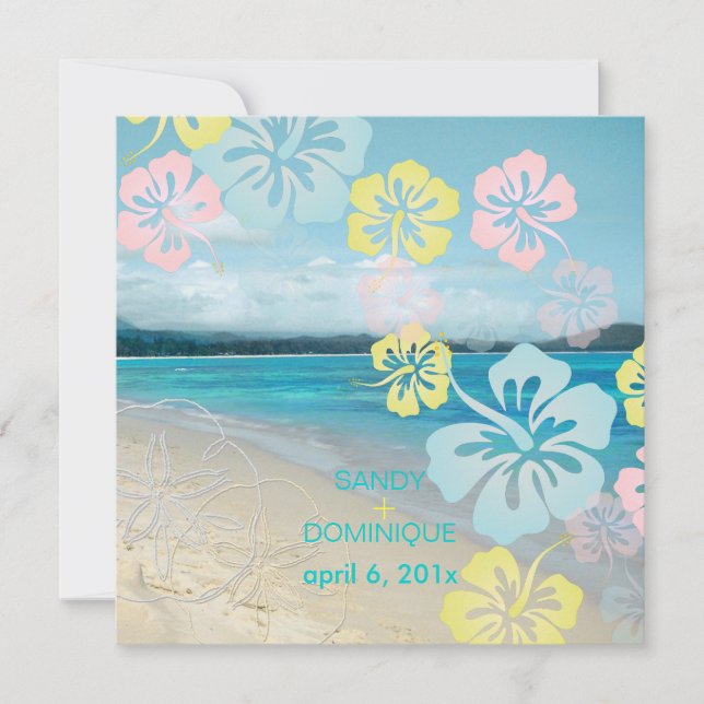 Sandstrand/Hibiskus Hochzeit in Urlaubsort Einladung (Vorderseite)