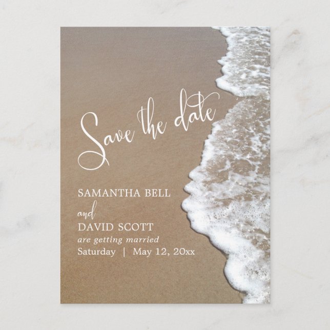 Sandstrand Hochzeit Save the Date 1b Ankündigungspostkarte (Vorderseite)