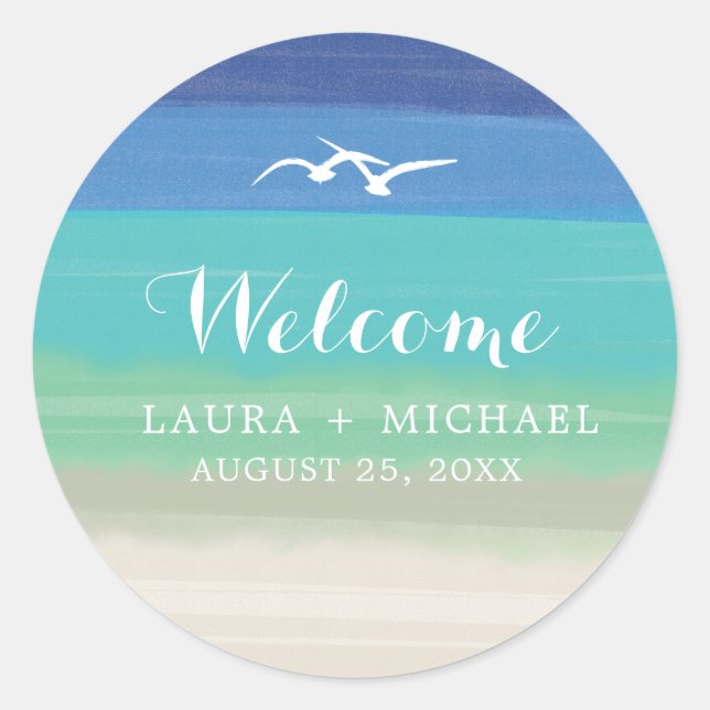 Sandstrand, Meer und Seagulls Beach Hochzeit Runder Aufkleber (Vorderseite)