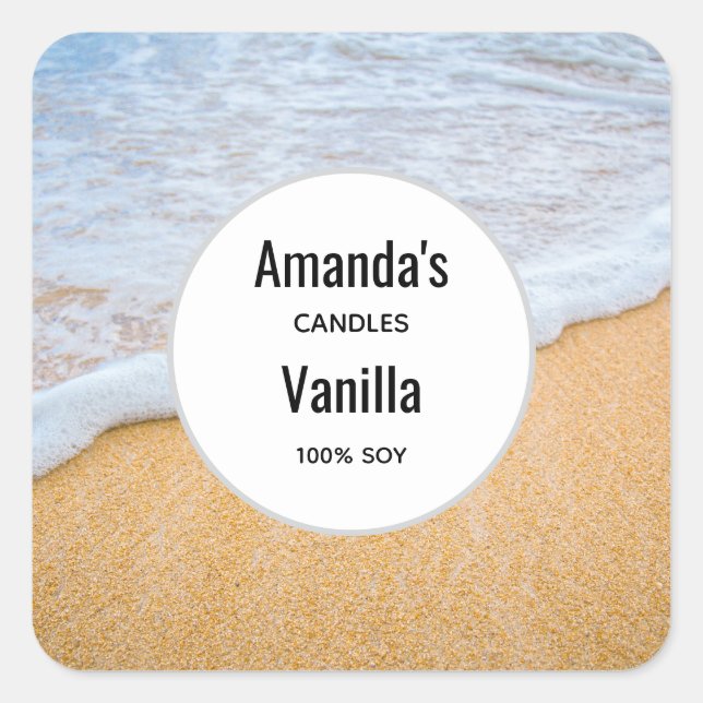 Sandstrand mit Foamy Surf Candle Business Quadratischer Aufkleber (Vorderseite)
