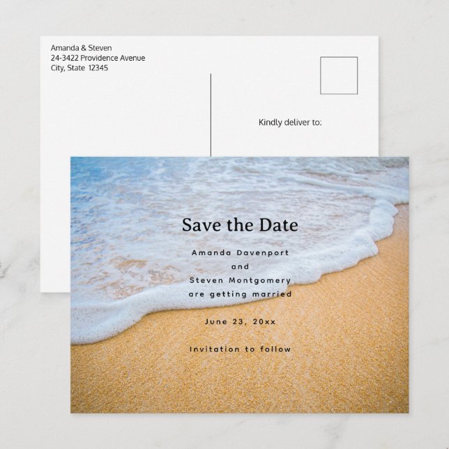 Sandstrand mit Foamy Surf Wedding Ankündigungspostkarte (Vorne/Hinten)