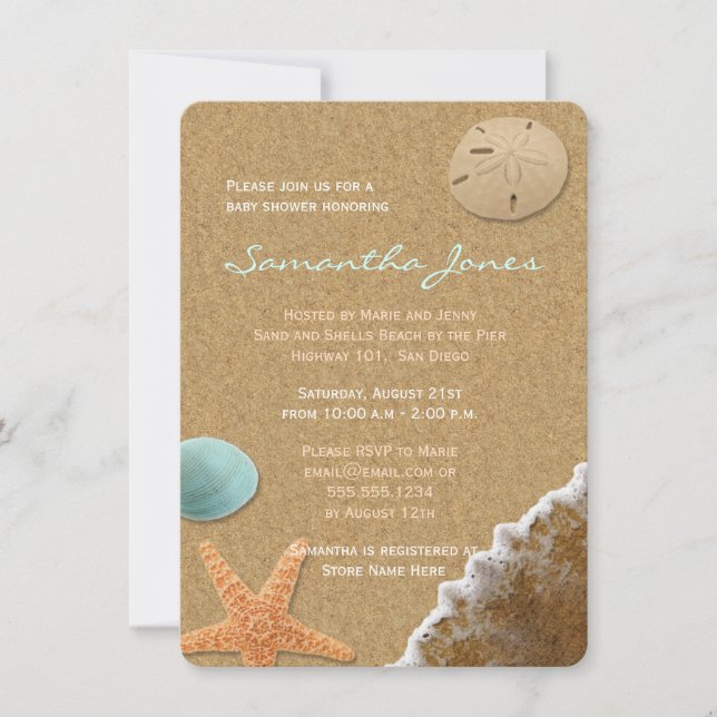 Sandstrand und Muscheln Beach Baby Dusche Einladun Einladung (Vorderseite)