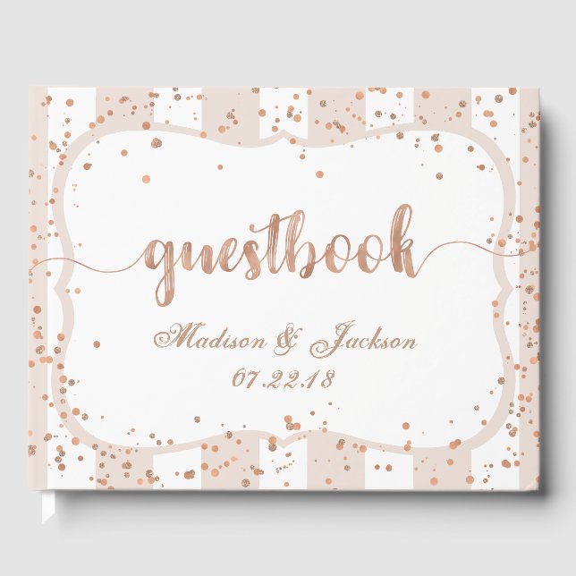 Sandstreifen und Rose Gold Confetti-Hochzeitsmonog Gästebuch (Vorderseite)