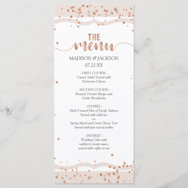 Sandstreifen und Rose Gold Confetti Wedding Menü Menükarte (Vorderseite)