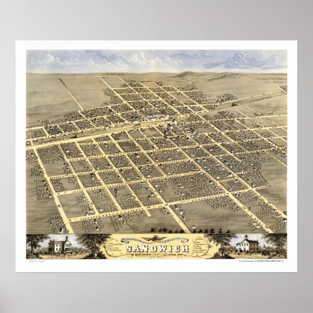 Sandwich, IL Panorama Karte - 1869 Poster (Vorne)