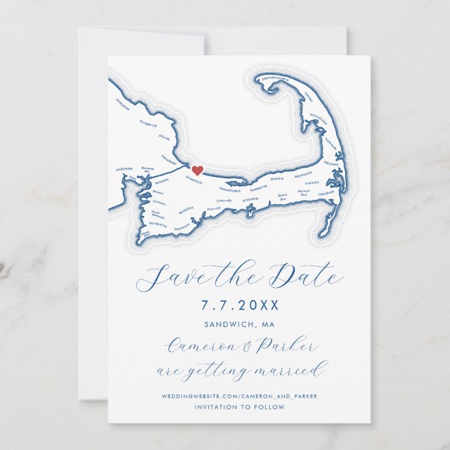 Sandwich MA Cape Cod Map Navy Blue Wedding Save The Date (Vorderseite)
