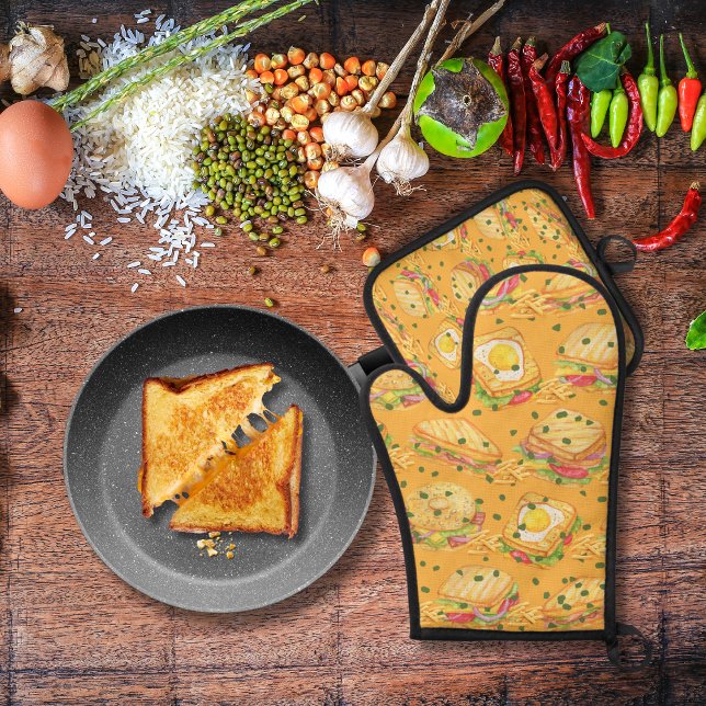 Sandwiches und Pommes frites, lecker, orange Ofenhandschuh & Topflappen-Set (Von Creator hochgeladen)