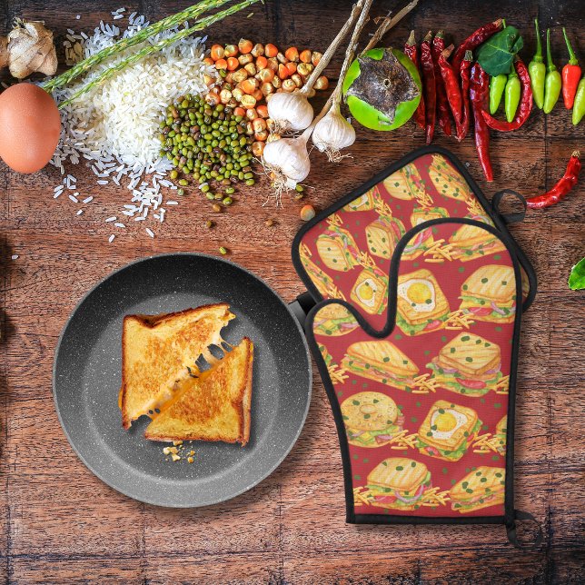 Sandwiches und Pommes frites rot Ofenhandschuh & Topflappen-Set (Von Creator hochgeladen)