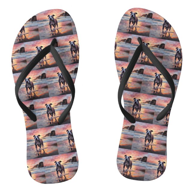 Sandy American Staffordshire Dog on Beach Sunset Flip Flops (Fußbett)