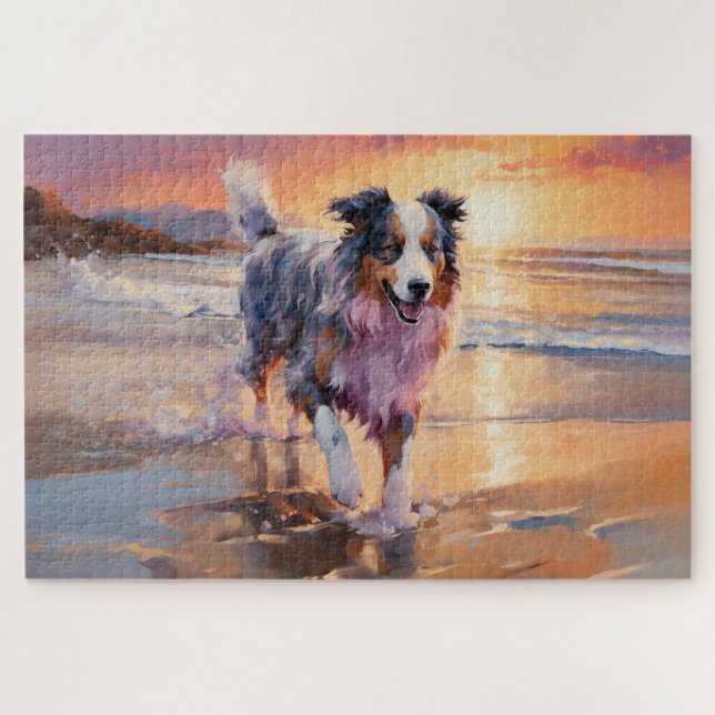 Sandy Australian Shepherd Dog on Beach Sunset (Horizontal)