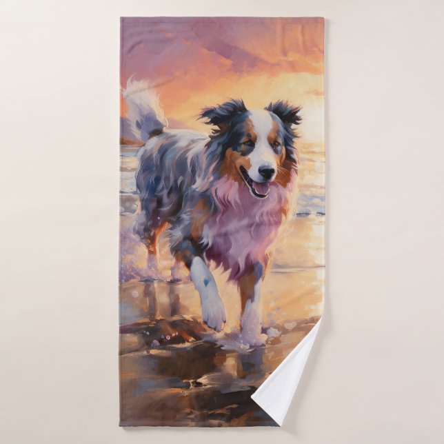 Sandy Australian Shepherd Dog on Beach Sunset Badhandtuch Set (Badehandtuch)
