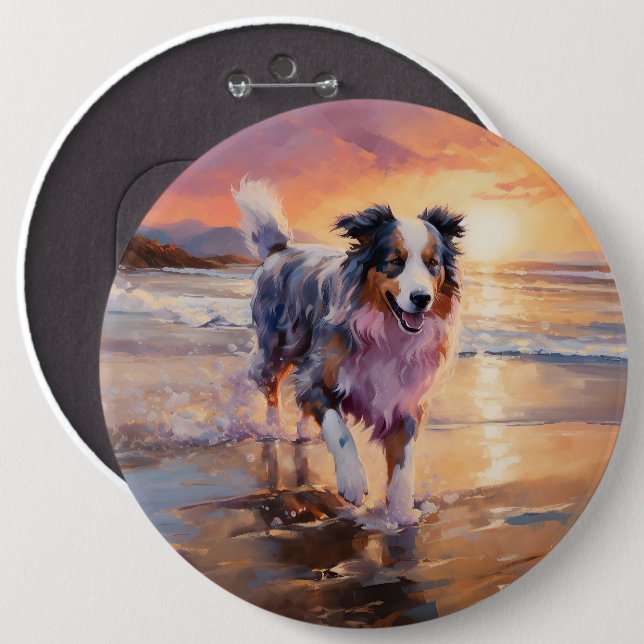 Sandy Australian Shepherd Dog on Beach Sunset Button (Vorne & Hinten)