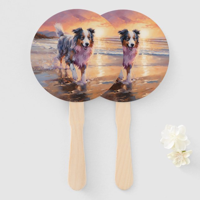 Sandy Australian Shepherd Dog on Beach Sunset Fächer (Vorne und Hinten)