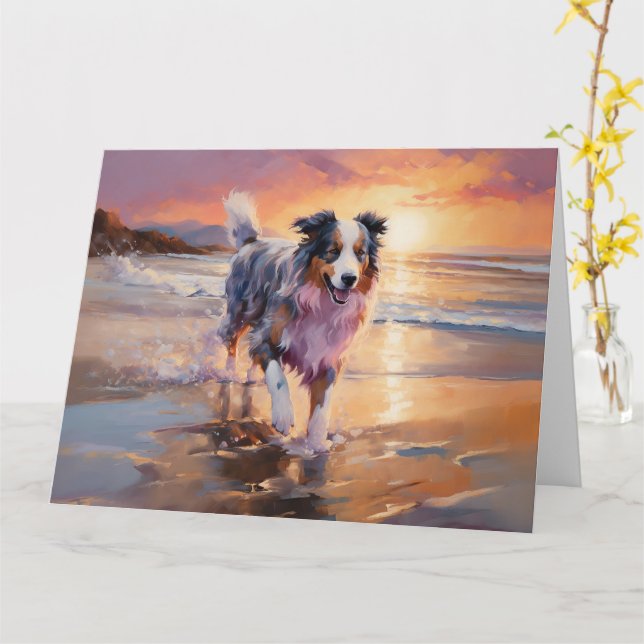 Sandy Australian Shepherd Dog on Beach Sunset Karte (Gelbe Blume)