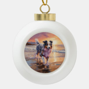 Sandy Australian Shepherd Dog on Beach Sunset Keramik Kugel-Ornament