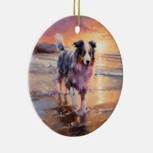 Sandy Australian Shepherd Dog on Beach Sunset Keramik Ornament