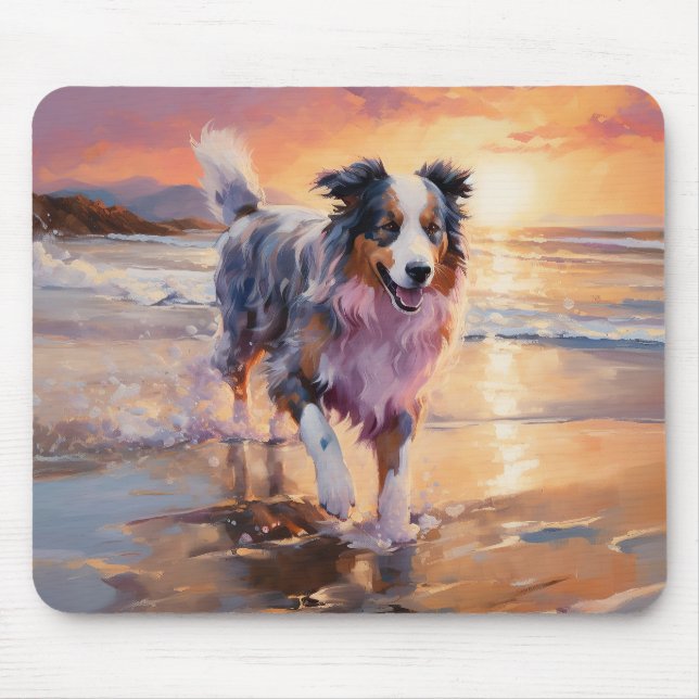 Sandy Australian Shepherd Dog on Beach Sunset Mousepad (Vorne)