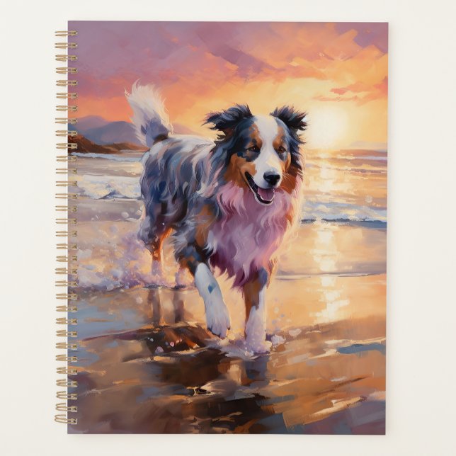 Sandy Australian Shepherd Dog on Beach Sunset Planer (Vorderseite)
