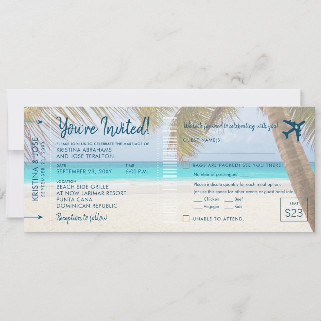 Sandy Beach Boarding Pass Wedding Einladung mit UA (Vorderseite)