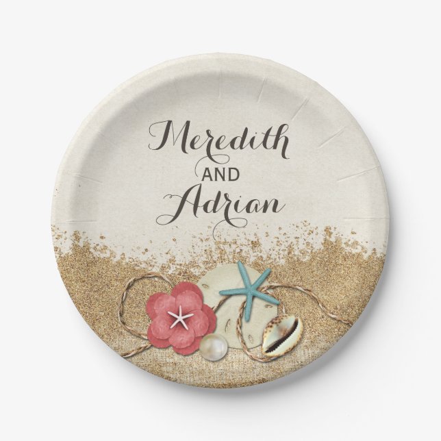 Sandy Beach Hibiskus & Muscheln Hochzeit Personali Pappteller (Vorderseite)