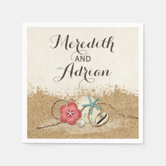Sandy Beach Hibiskus & Muscheln Hochzeit Personali Serviette (Vorderseite)
