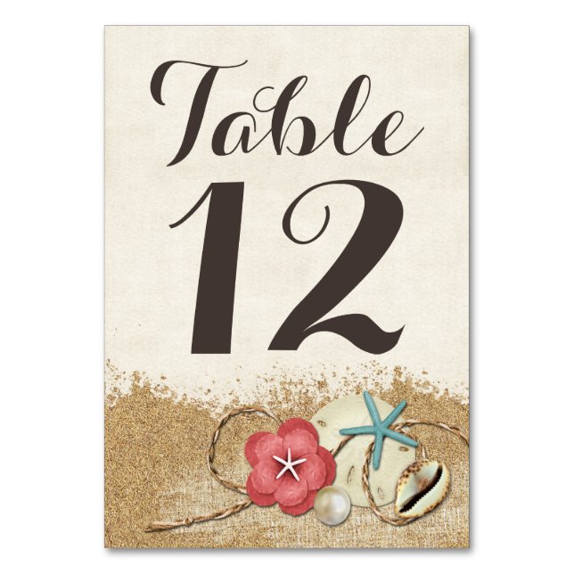 Sandy Beach Hibiskus & Muscheln Hochzeit Tischnumm Tischnummer (Vorderseite)