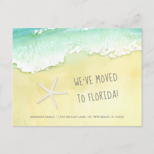 Sandy Beach Ocean Waves Wir zogen nach Florida Ankündigungspostkarte (Vorderseite)