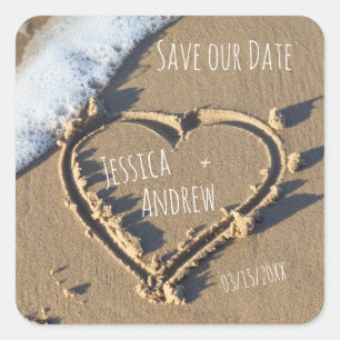 Sandy Beach Personalisiert Names Heart Rettete uns Quadratischer Aufkleber