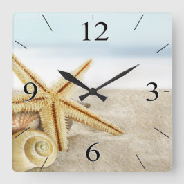 Sandy Beach Starfish Seashells Quadratische Wanduhr