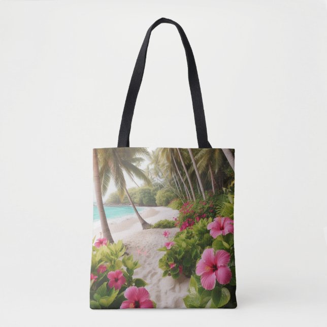 Sandy Beach Tropical Hot Pink Hibiskus Blume Tasche (Vorderseite)