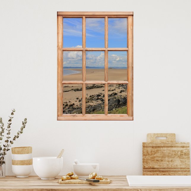 Sandy Beach und Ocean View von einem Fenster aus Poster (Küche)