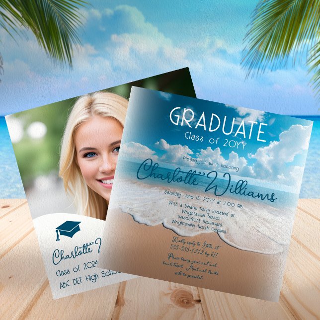 Sandy Beach Waves Graduate Foto Graduate Party Einladung (Beach "Graduate" Photo Graduation Party Invitation - Available in Print and/or Digital Download)
