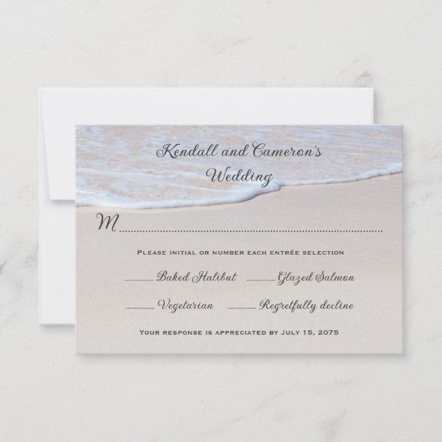 Sandy Beach Wedding RSVP Karten mit Menü (Vorderseite)