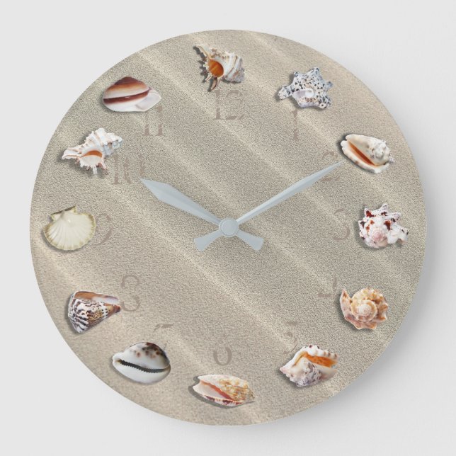 SANDY BEACH WITH SEASHELLS, ROUND WALL CLOCK GROßE WANDUHR (Vorderseite)