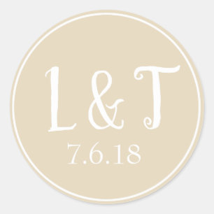 Sandy Beige Couple's Initals & Wedding Date Runder Aufkleber