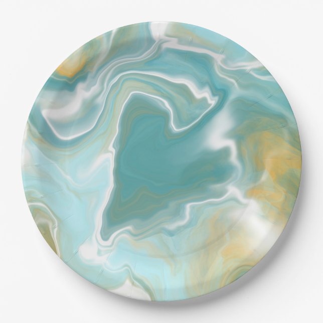 Sandy Brown Ocean Blue Marble Fluid Art Pappteller (Vorderseite)